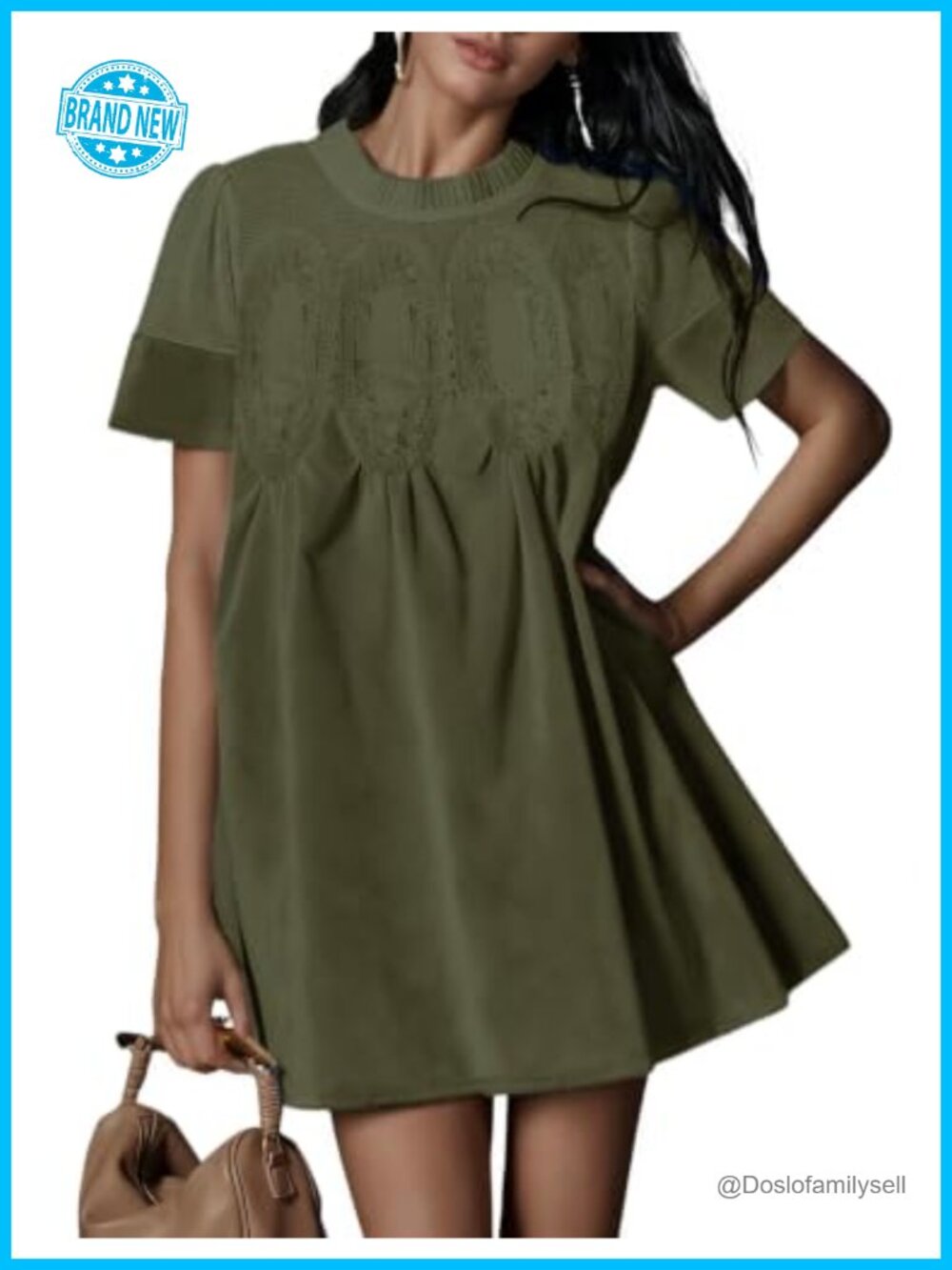 Faux Suede Mini Dress Lace Patchwork Short Sleeve A-Line Babydoll with Pockets